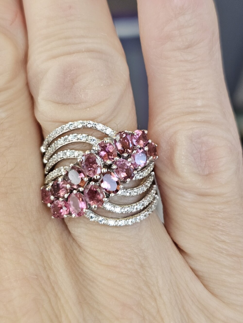 Genuine Pink Tourmaline & White Zircon Ring Sterling Silver Rhodium Overlay Sz 7 - Picture 6 of 6